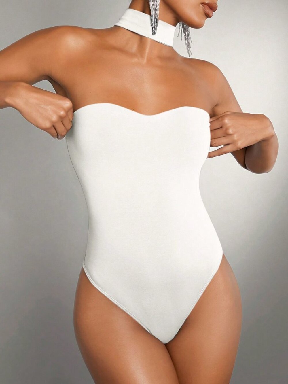 Women's Slim Fit Choker Neckline white bodycon Bodysuit